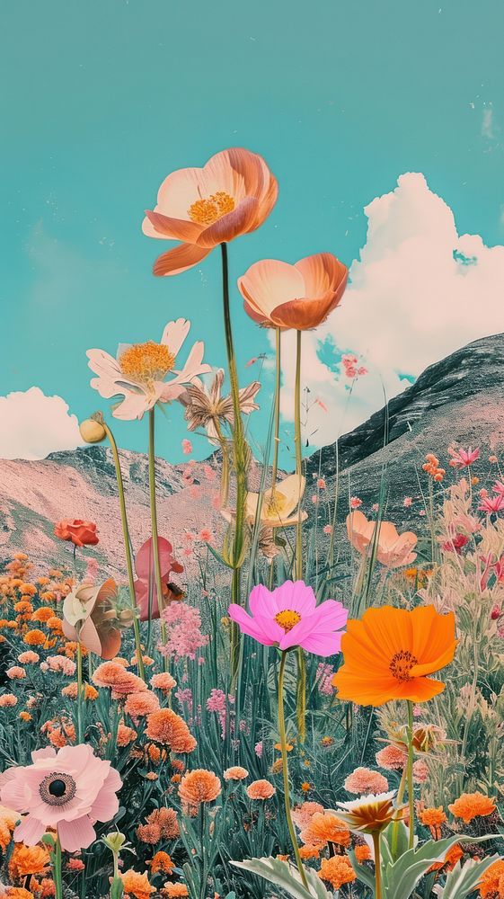 Dreamy Retro Collages of flowers landscape outdoors nature.