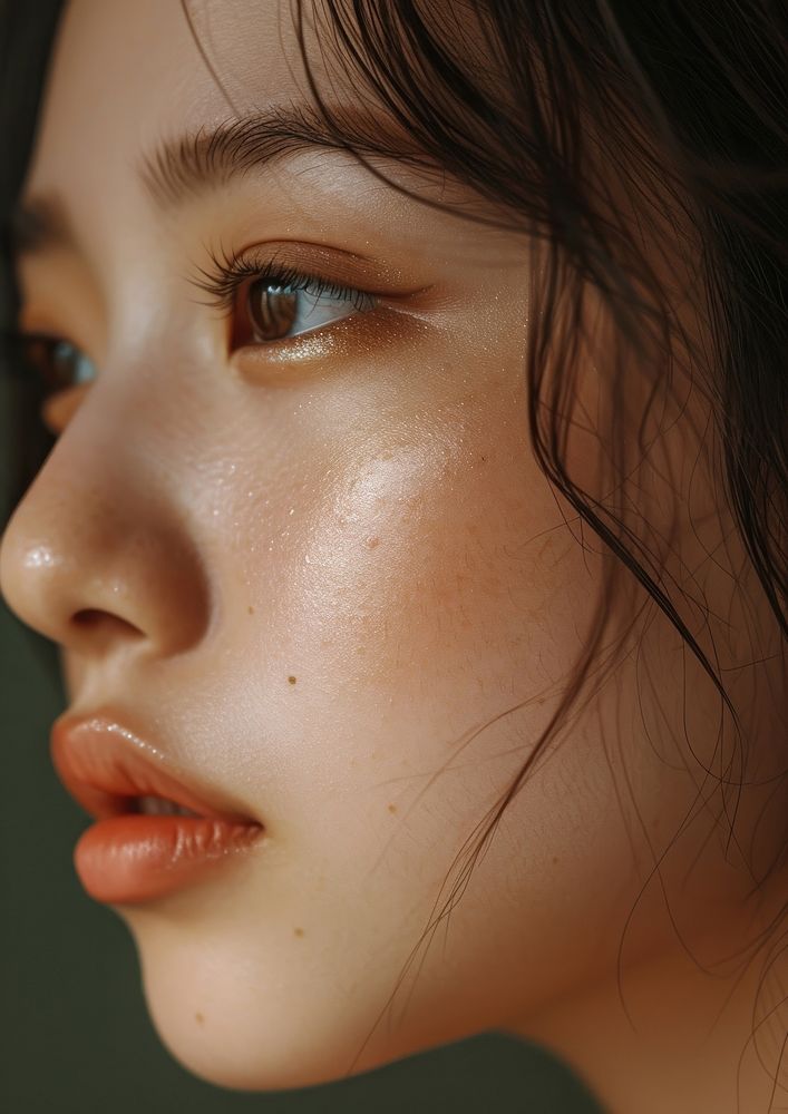 Minimal photo close up on face pores texture cheek adult woman.