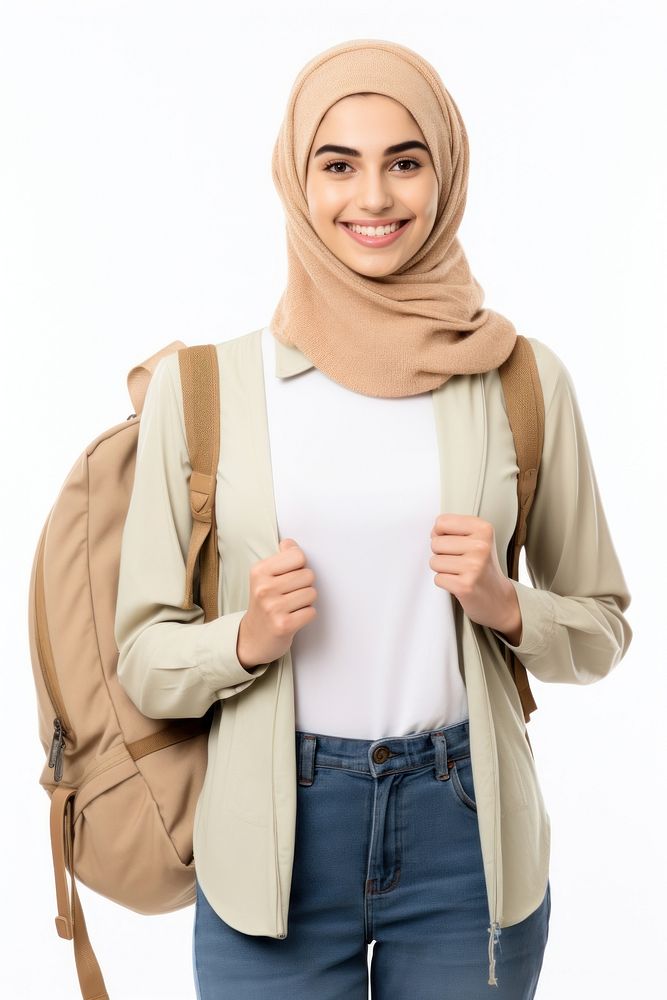 Young middle east woman backpack standing smiling.