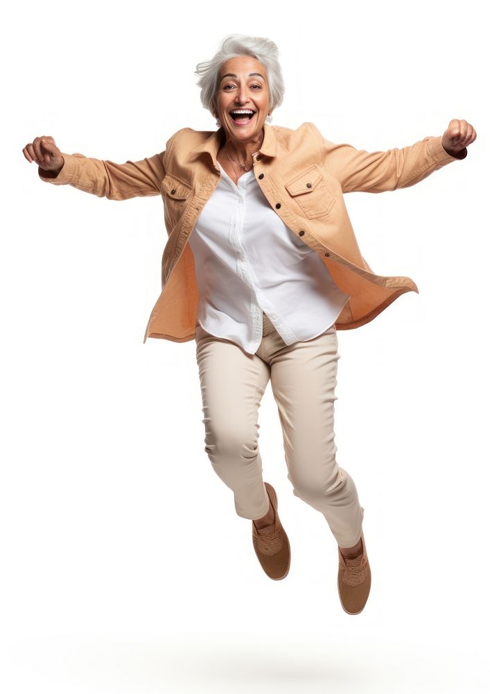 Middle east senior woman laughing jumping adult.