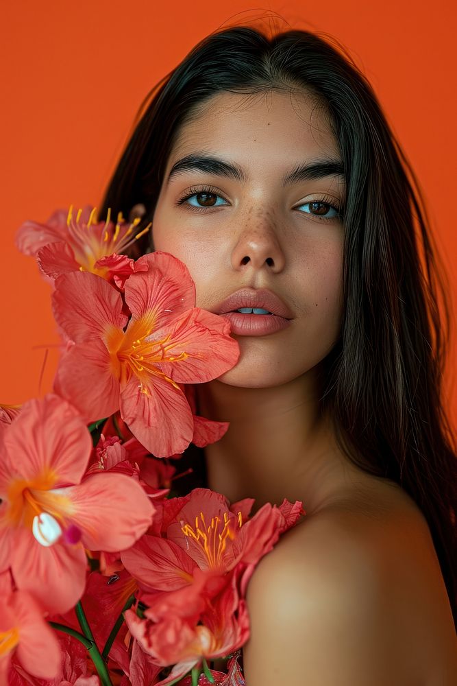 Latina Brazilian girl flower portrait adult.