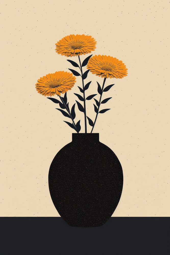 Silkscreen illustration of a vase flower plant art.