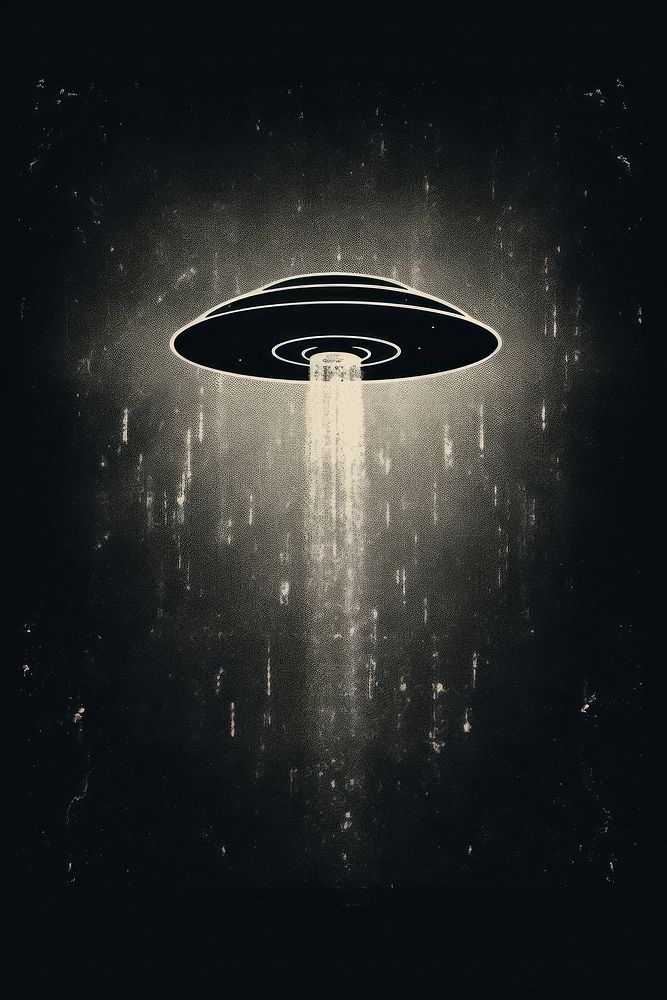 Silkscreen illustration of an ufo illuminated astronomy showering.