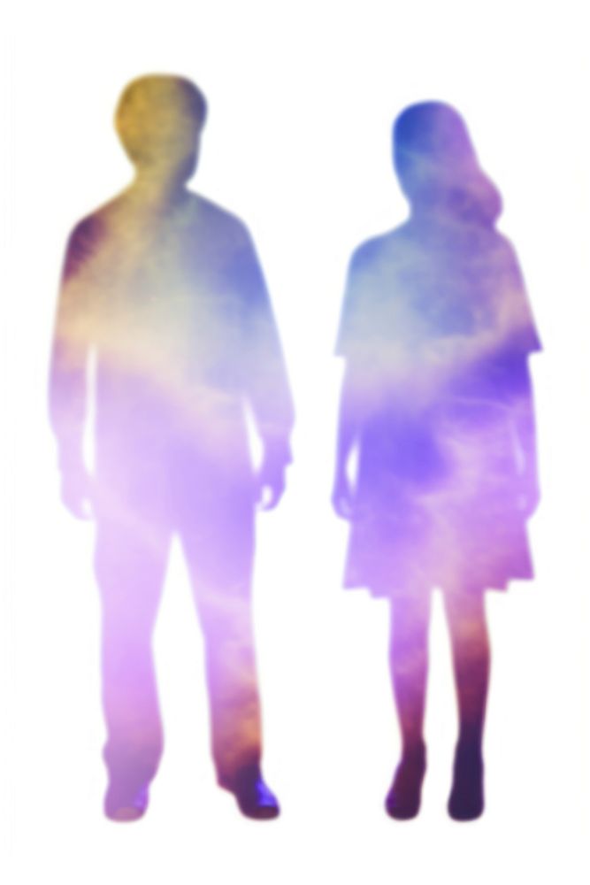 A holography woman and man standing silhouette purple adult white background.