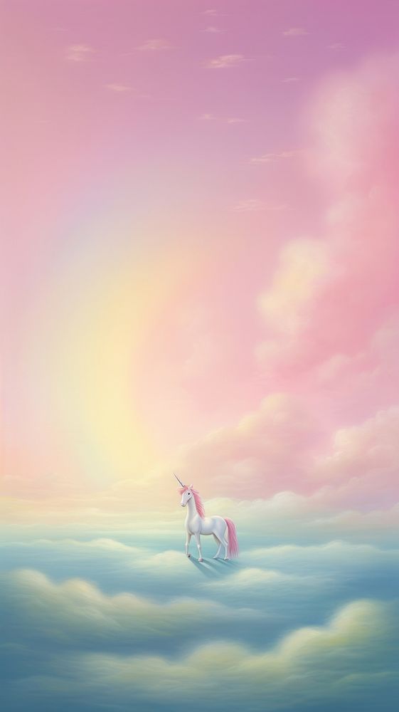 A unicorn on a rainbow landscape outdoors nature.