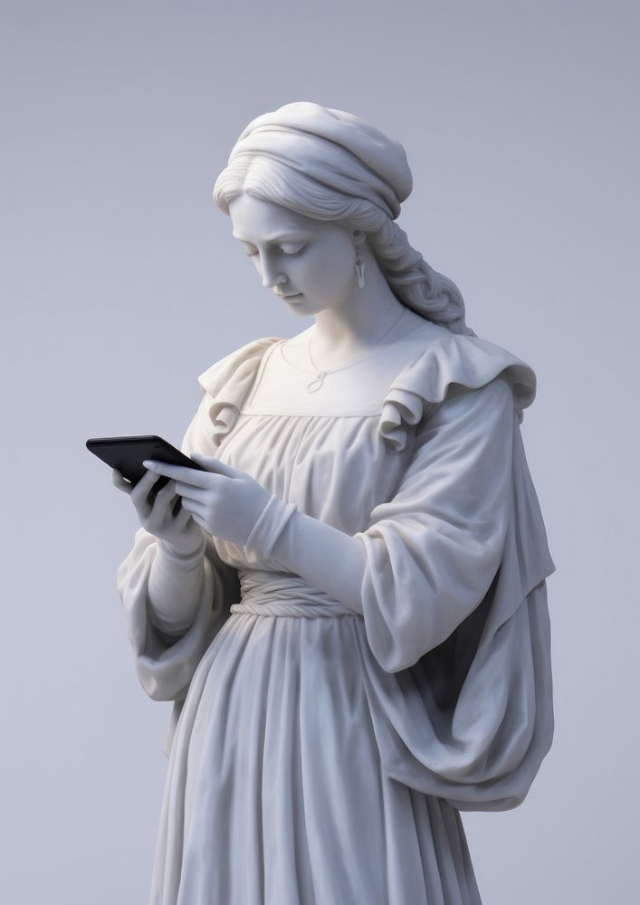 Sculpture of woman holding smart phone statue marble representation.