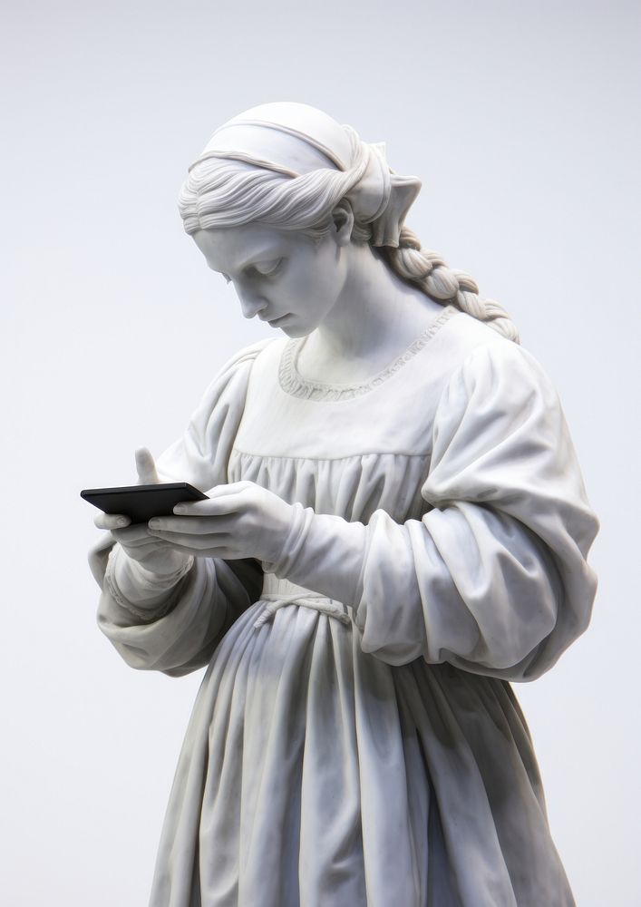 Sculpture of woman holding smart phone statue adult representation.