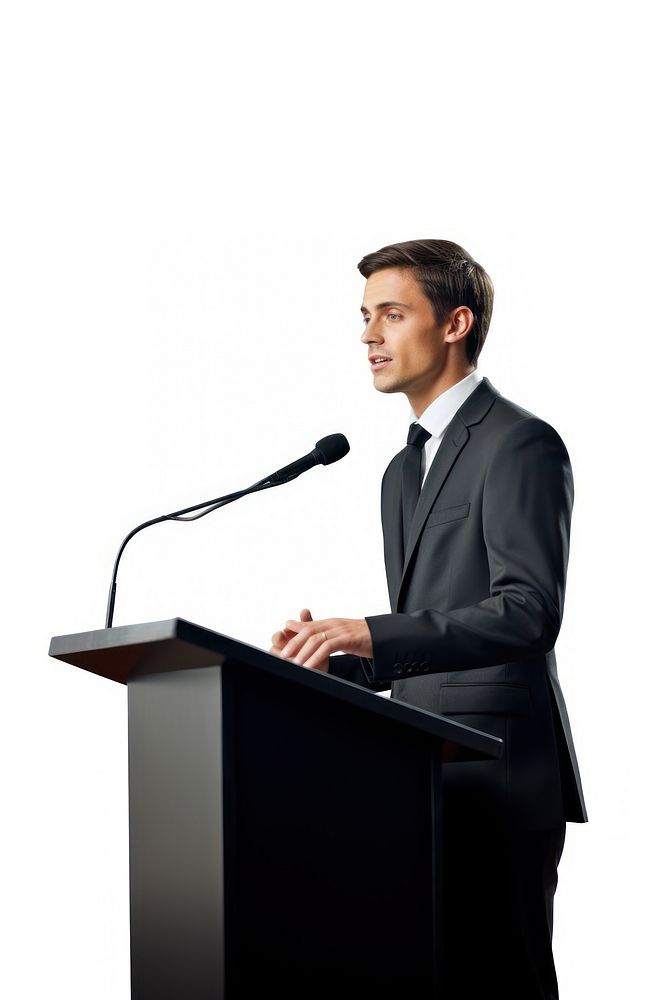Businessman microphone speech podium.