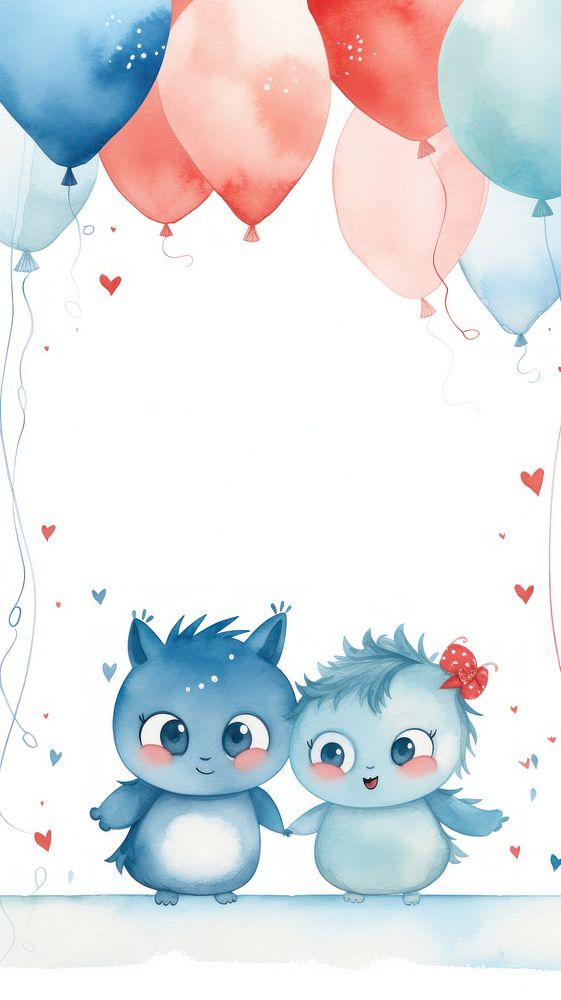 Cute monsters hugging balloon togetherness celebration.