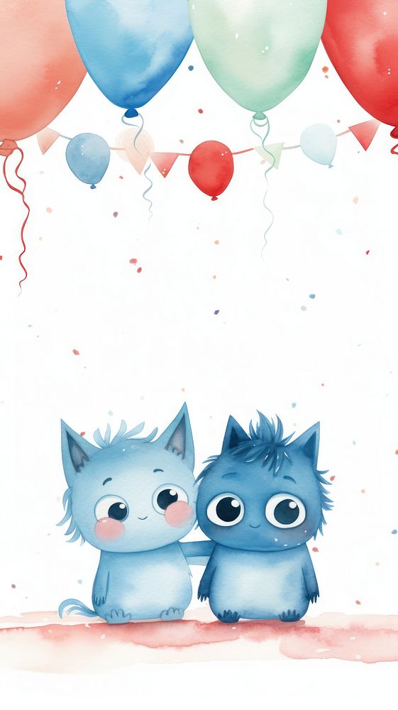 Cute monsters hugging balloon mammal togetherness.