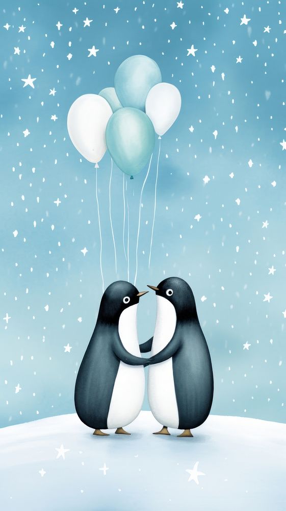 Cute penguins hugging balloon togetherness affectionate.