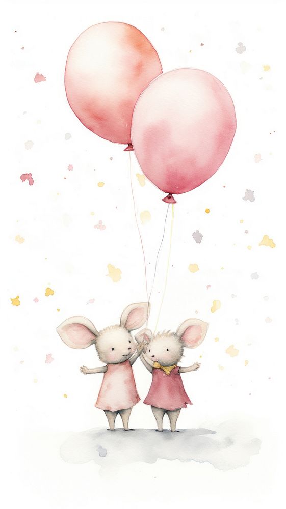 Cute rabbits hugging balloon togetherness celebration.