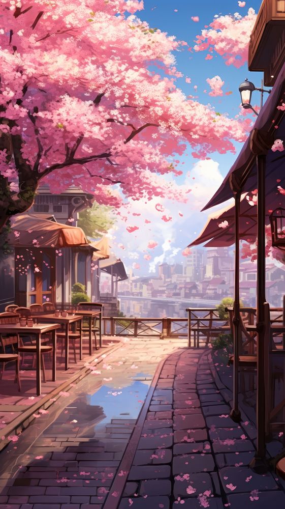  Cute cherry blossom aesthetic outdoors street plant. AI generated Image by rawpixel.