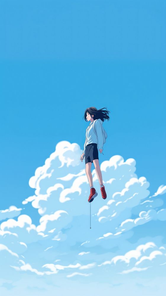  Japanese female character floating on blue sky anime jumping exhilaration. AI generated Image by rawpixel.