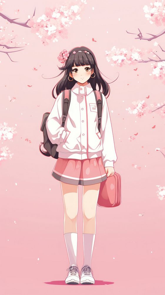  Pastel pink and white japanee schoolgirl with cherry blossom anime footwear publication. AI generated Image by rawpixel.