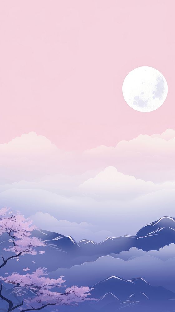  Pastel pink and purple and blue japanese aesthetic wallpaper outdoors nature moon. AI generated Image by rawpixel.