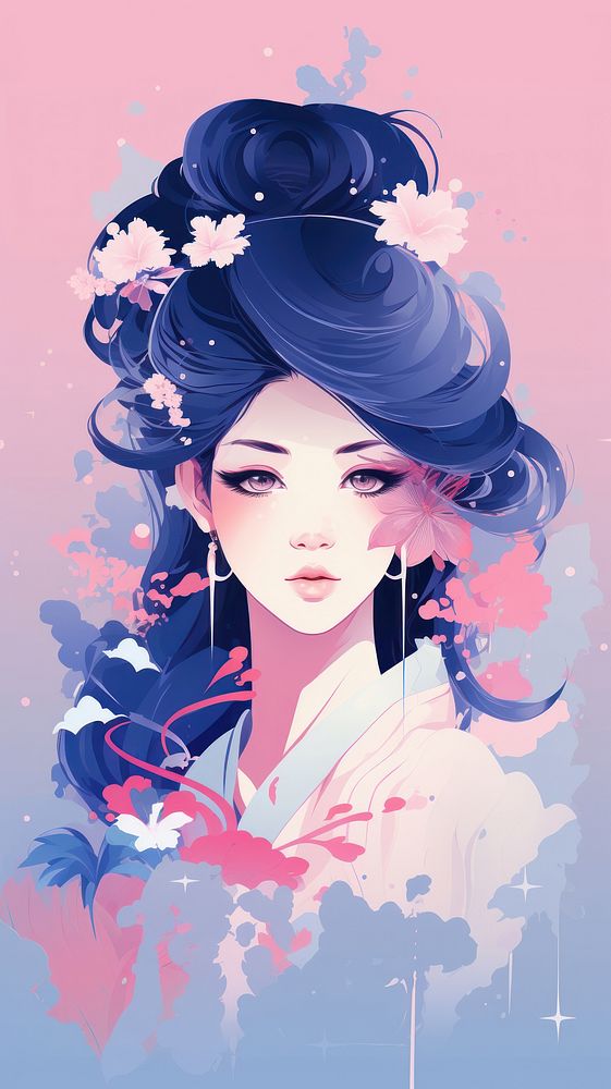  Pastel pink and purple and blue japanese female character aesthetic wallpaper portrait fashion art. AI generated Image by…