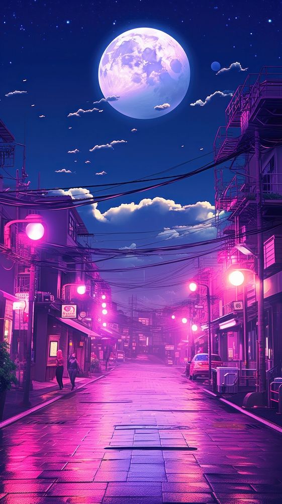  Pastel pink and purple and blue street in japan with moon aesthetic wallpaper architecture astronomy outdoors. AI generated…