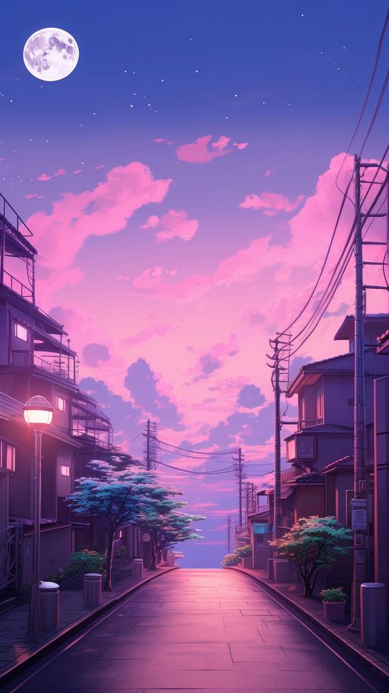  Pastel pink and purple and blue street in japan with moon aesthetic wallpaper architecture outdoors building. AI generated…