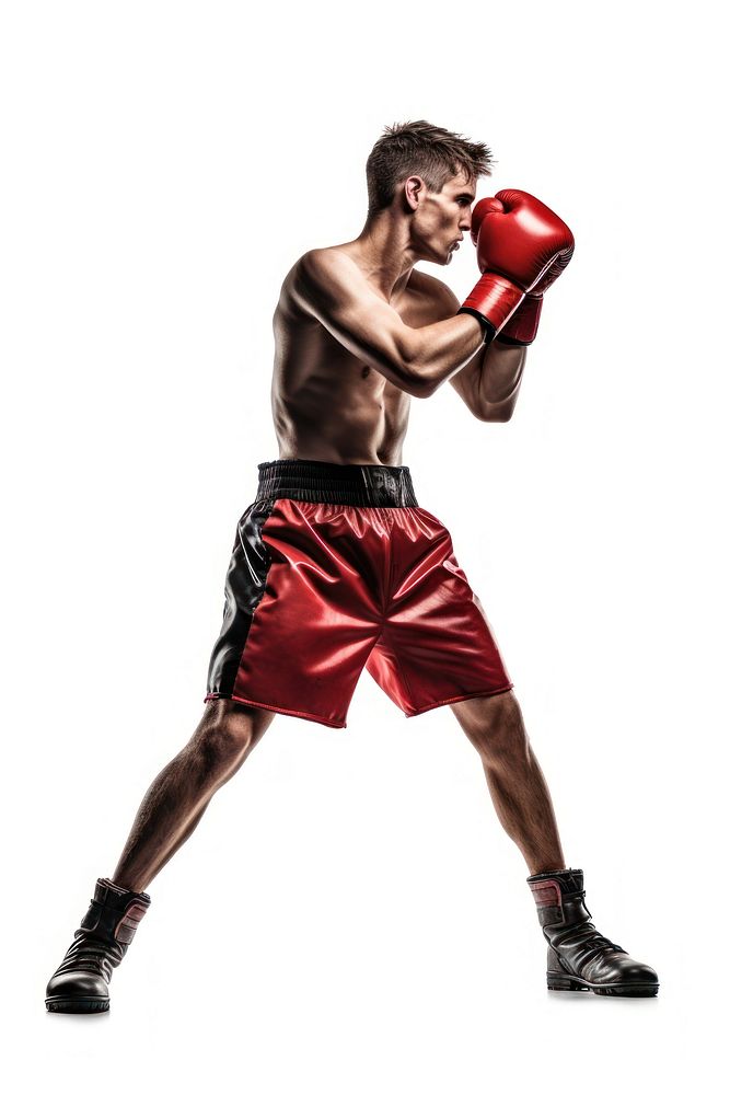 Full length profile shot of a young guy punching with boxing gloves sports adult white background.
