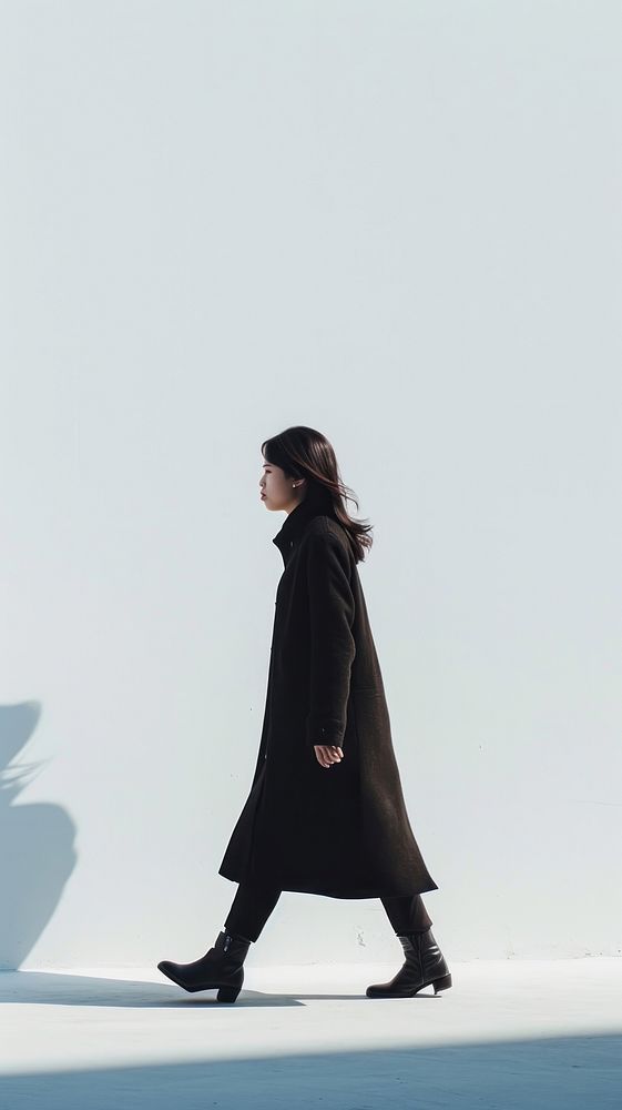Asian woman person walking overcoat fashion outerwear.