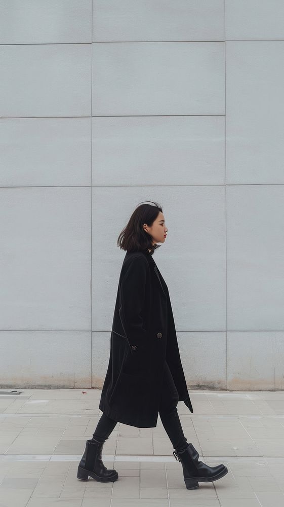 Asian woman person walking overcoat footwear fashion.