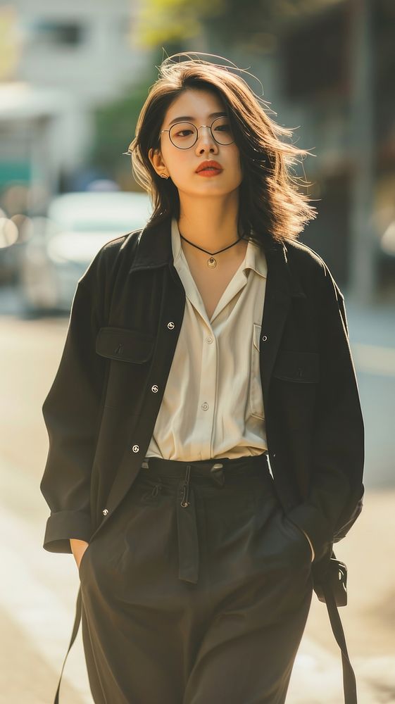 Asian woman person walking portrait jacket blouse.