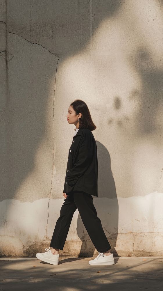 Asian woman person walking contemplation architecture pedestrian.