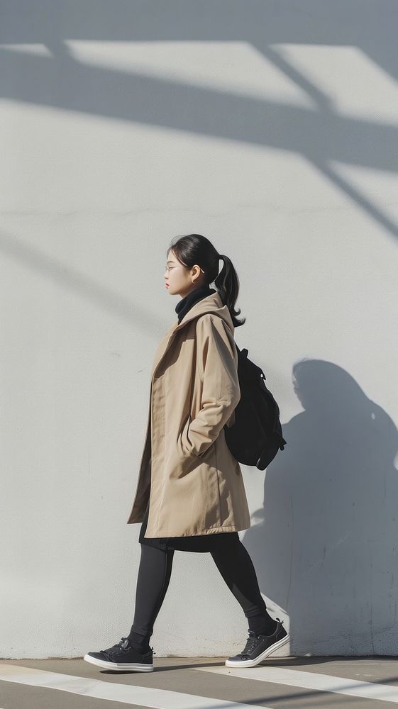Asian woman person walking footwear overcoat shoe.