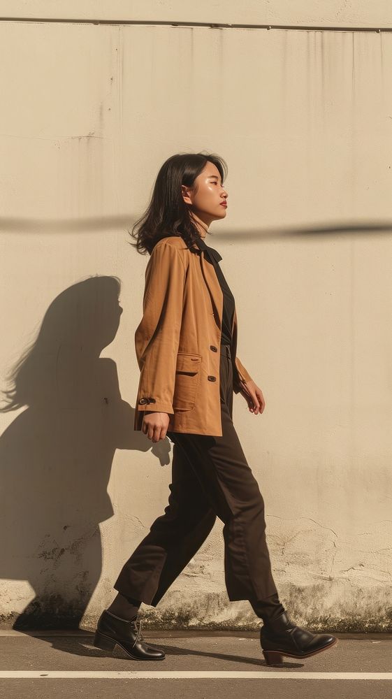 Asian woman person walking footwear jacket coat.