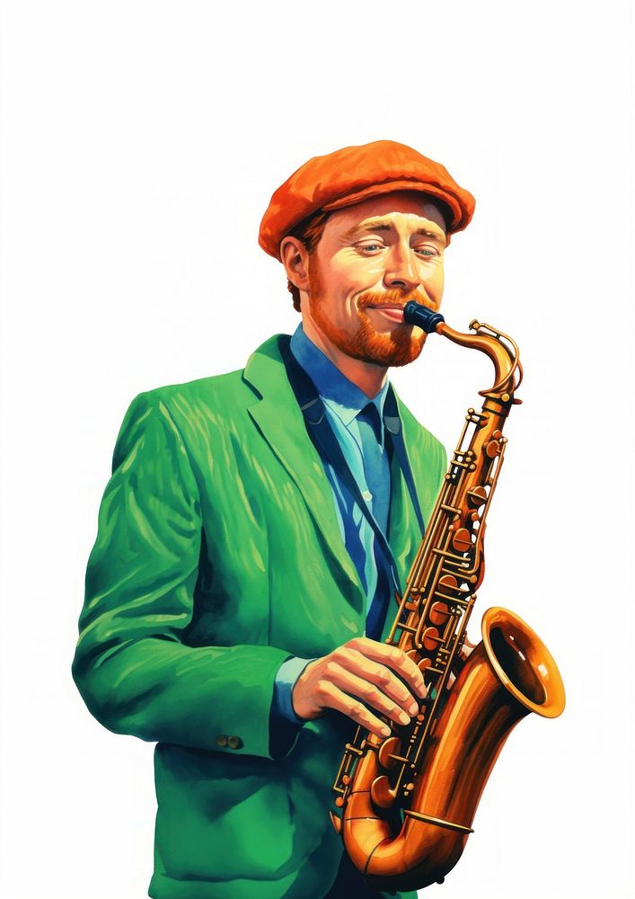 Man playing saxophone adult jazz white background.