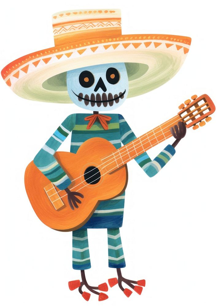 A mexican skeleton playing guitar sombrero representation performance.