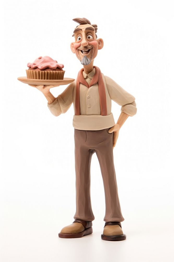Man holding cake made up of clay figurine white background representation.