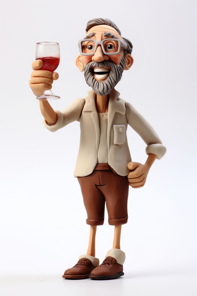 Man holding glass made up of clay figurine toy white background.