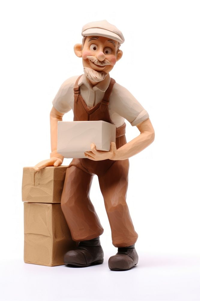 Delivery man made up of clay cardboard figurine adult.
