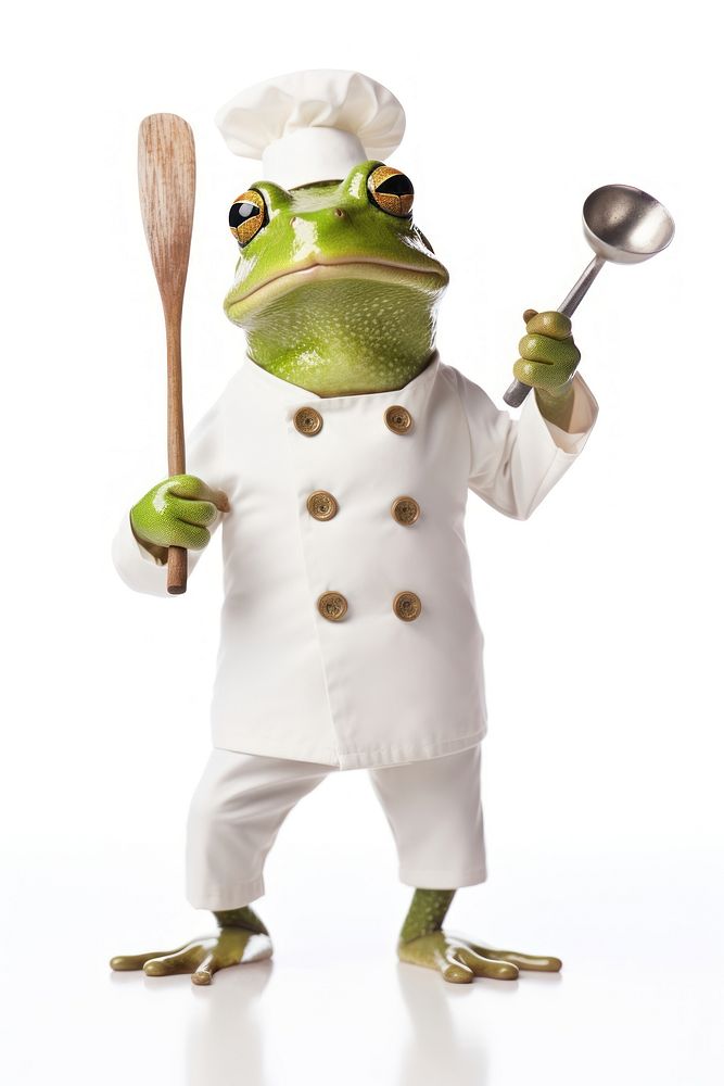 Frog holding Ladle amphibian animal white background.