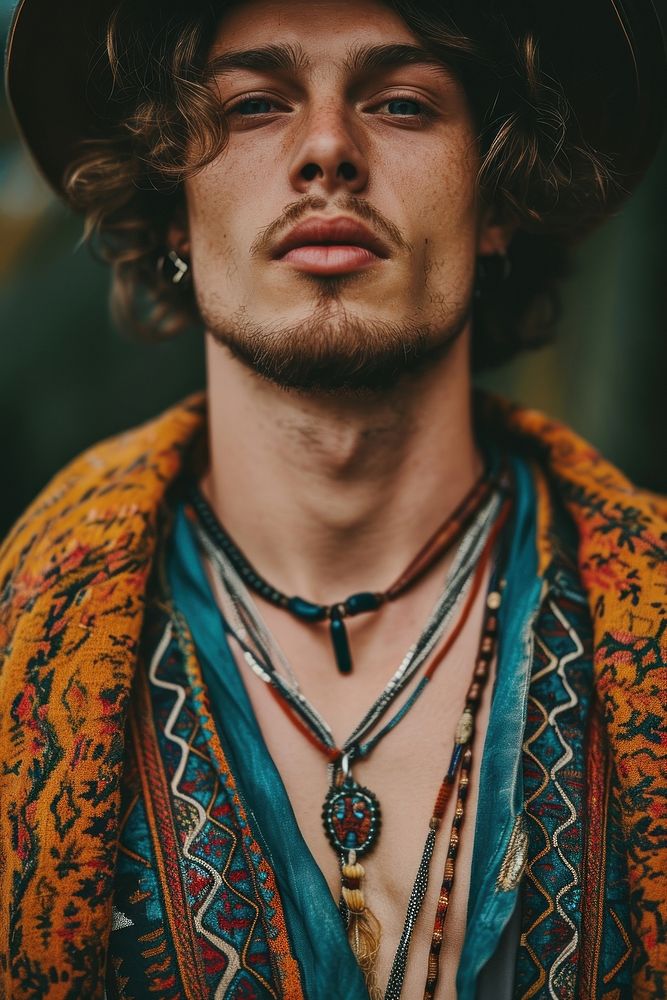 Man outfit portrait necklace jewelry.