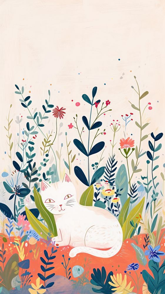Cat in the garden painting pattern drawing.