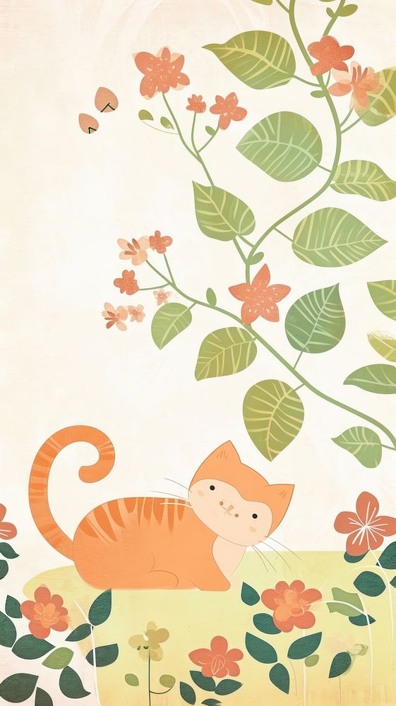 Cat in the garden wallpaper pattern drawing.