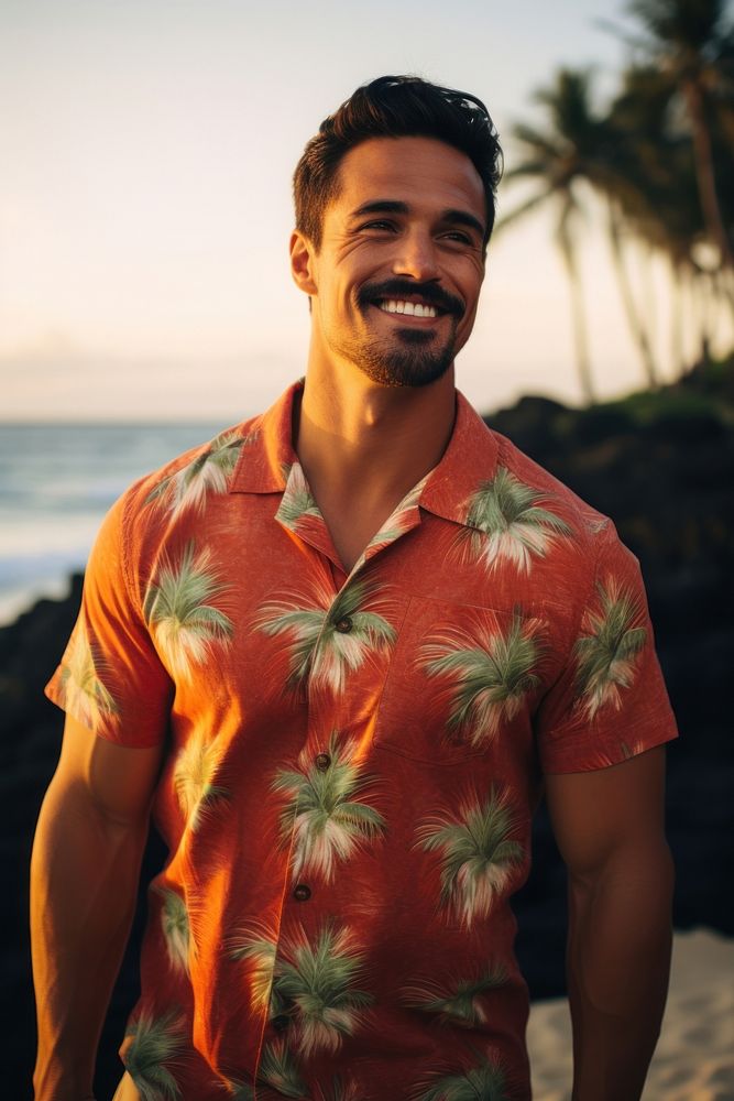 Man with hawaiian shirt portrait nature beach.