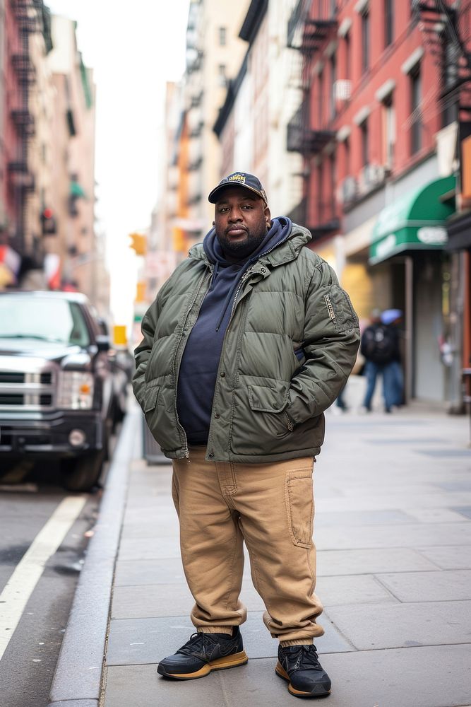 Fat black rapper standing street jacket.