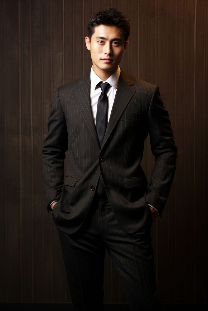 Asian man pinstripe suit tuxedo adult tie.