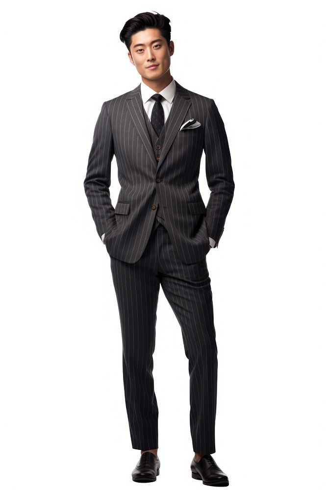 Asian man pinstripe suit tuxedo adult coat.