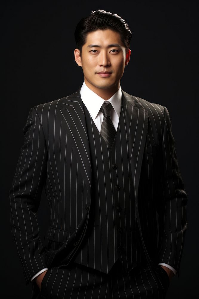 Asian man pinstripe suit portrait tuxedo blazer.