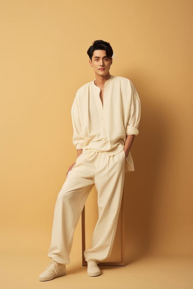 Korean men wear minimal fashionable portrait adult studio shot.