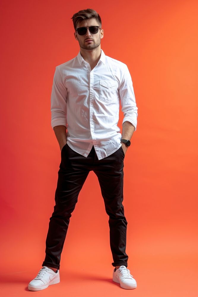 Men wear minimal fashionable footwear standing shirt.