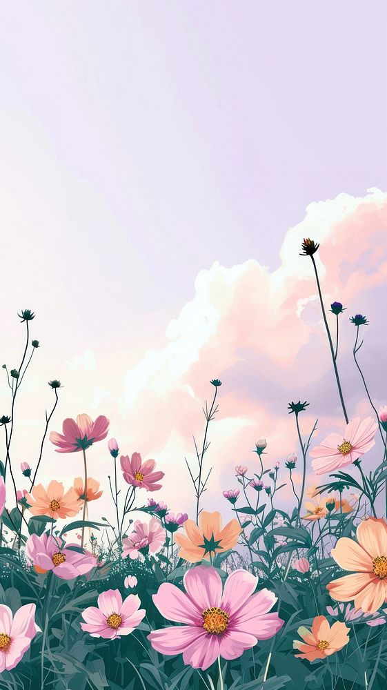 Flowers meadow and pastel sky outdoors blossom nature.