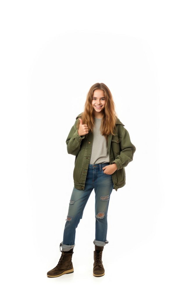 Teenager girl jacket sleeve jeans.