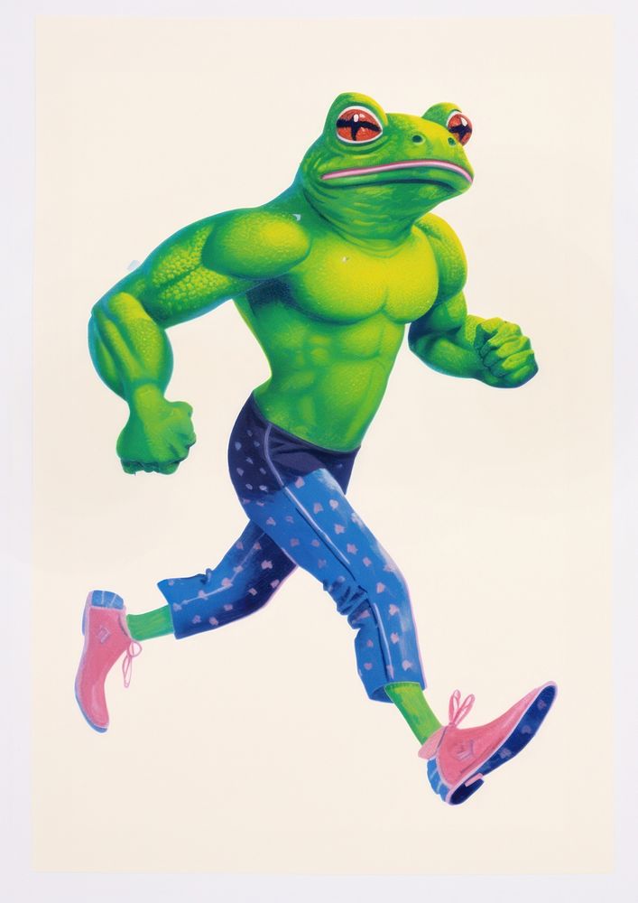 A cartoon muscular Frog wear gym legging and shoes holding dumbbell frog amphibian representation. AI generated Image by…