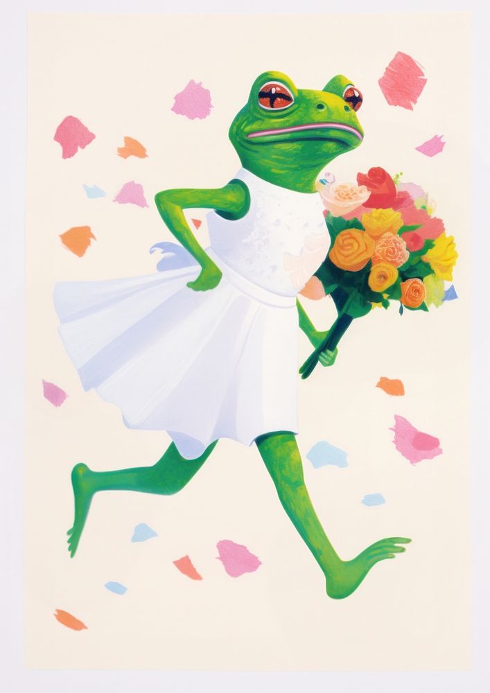 A cartoon bride Frog wear wedding dress and high-heels shoes holding a bunch of flowers amphibian painting animal. AI…